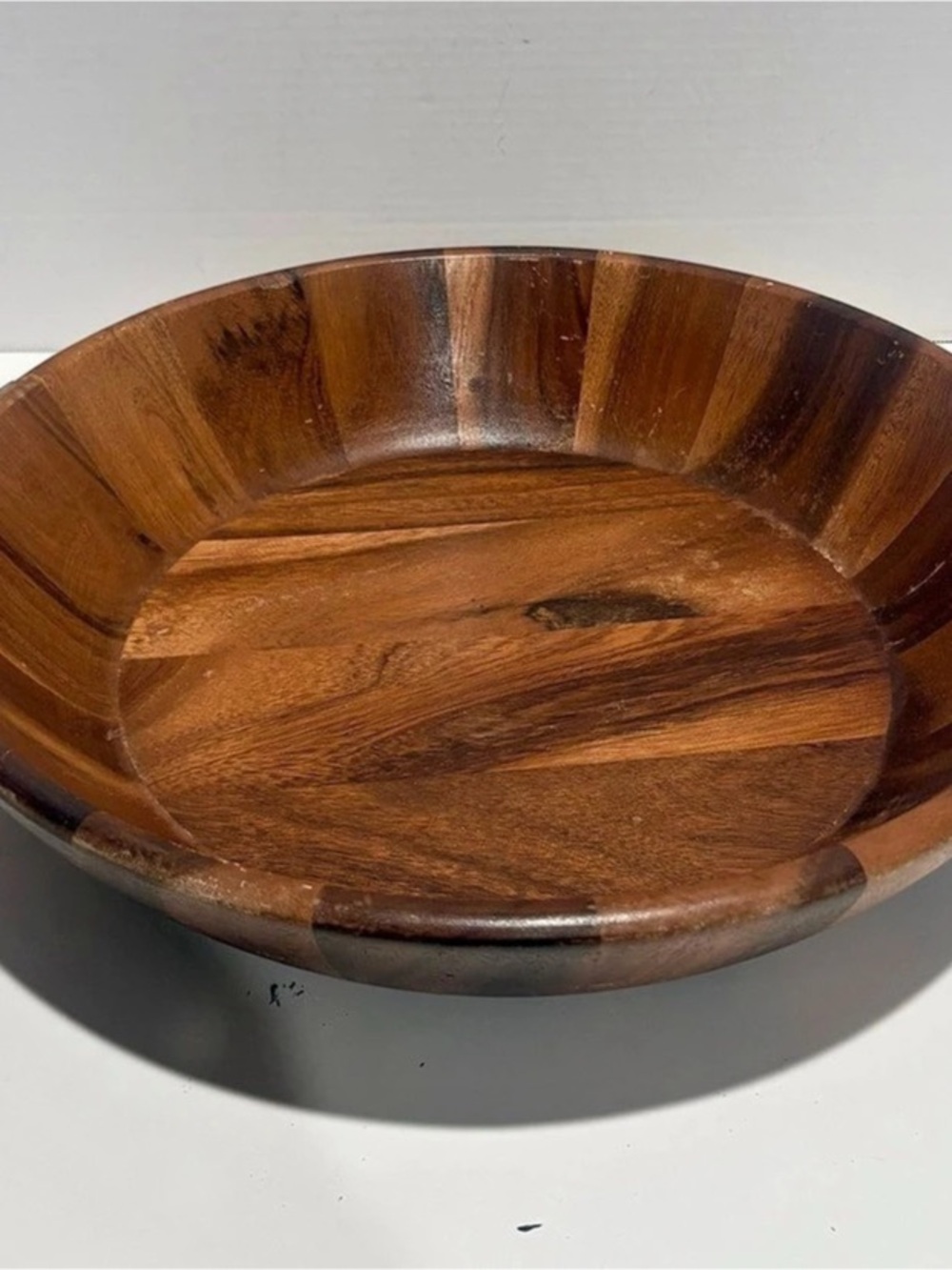 vintage staved acacia wood salad bowl or serving tray silver-tone metal handles